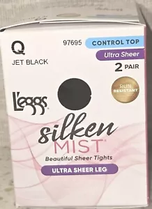 2 Pair Leggs Silken Mist Control Top Tights Ultra Sheer Leg 97695 Jet Black Q - Picture 1 of 4