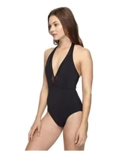Tommy Bahama Women's Mesh Solids Plunge Halter One-Piece Swimsuit Black Size 4 - Picture 1 of 9