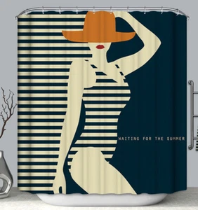 Retro-Look Fashion Swimsuit Woman Shower Curtain Ocean Summer Beach Navy Stripes - Picture 1 of 1