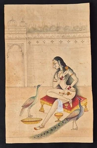 VINTAGE FEINES HANDGEFERTIGTES EROTISCHES MINIATURGEMÄLDE AUF ANTIKEM PAPIER. - Bild 1 von 3