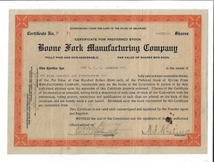NORTH CAROLINA 1921 Boone Fork Manufacturing Company Stock Certificate #71 - Imagen 1 de 2