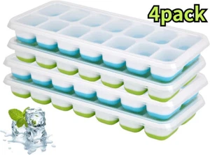 Ice Cube Tray, 4 Pack Silicone Ice Tray, 14 Ice Cube Molds with Lids, Stackable - Picture 1 of 7