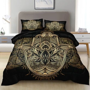 Juego de edredón boho tamaño queen negro y dorado juego de cama Hamsa mano cachemira P... - Imagen 1 de 9