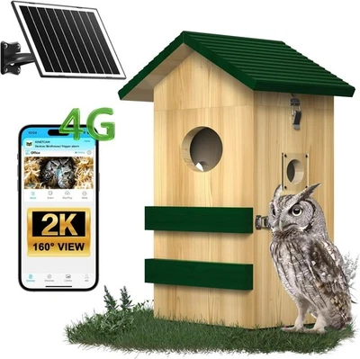 Caja de anidación de búho 2K madera de pino cámara 4G LTE, solar, visión nocturna Foto 1 de 4