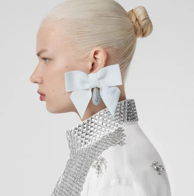 Burberry Crystal Detail Palladium-Plated Oversized Bow Clip On Earrings RRP £590 - Image 1 of 4