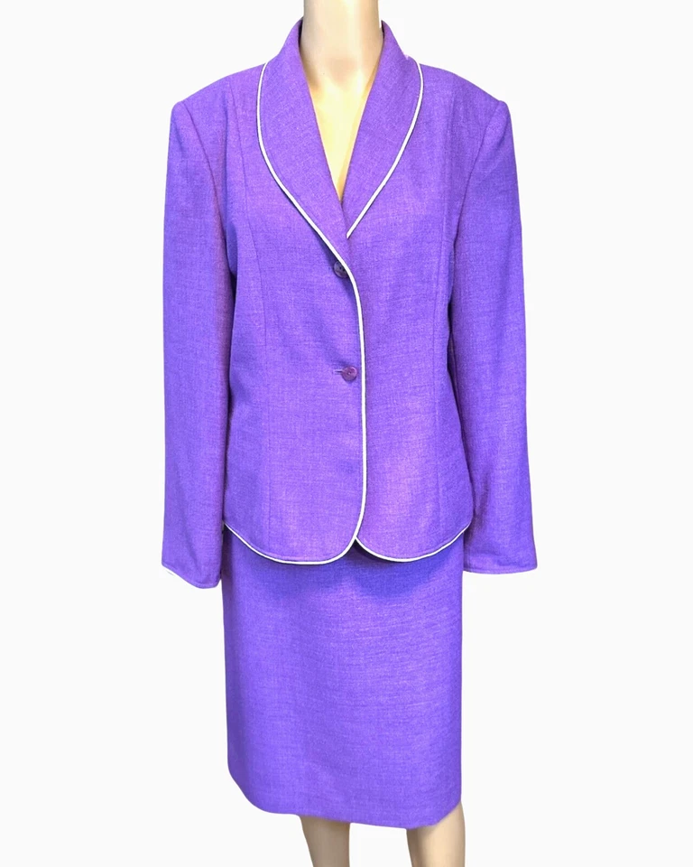Traje de mujer Morgan Miller falda chaqueta púrpura con ribete en contraste forrado talla 12 Foto 1 de 4