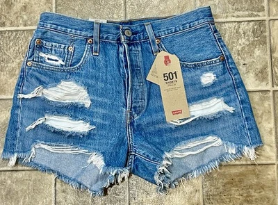 Levi’s 501 Blue Jean Shorts High Rise Button Fly Distressed Size 28 NWT $49.50 - Image 1 of 4