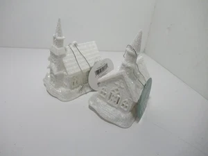 NEW KURT ADLER ~ Set of 2  WHITE GLITTER  Church Lighted LED Ornaments  T2166 - Picture 1 of 3