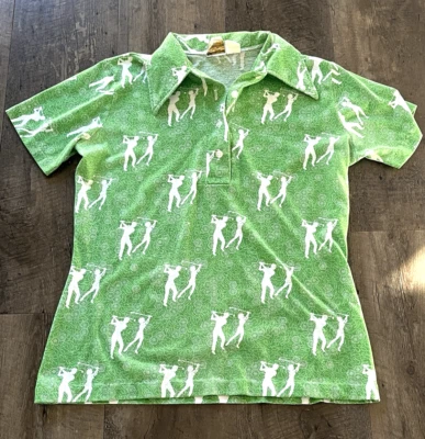 Vtg. 70's/80's Green All Over Print Male Female Golfers Women's Golf Shirt Sz. M - Image 1 of 4