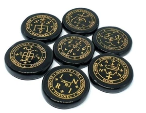 Erzengel Set gravierte Sigillen Salomo Edelstein schwarzer Turmalin Mystik & Tasche - Bild 1 von 12