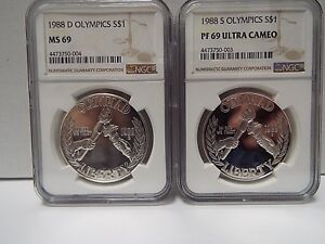 2  COIN SET***1988-D & 1988-S*** NGC OLYMPIC SILVER DOLLAR $1's* MS69 ** PF69** 