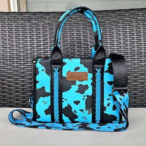 Wrangler Cow Print Crossbody Bag with Whipstitch Western Cowgirl Purse Turquoise - Picture 1 of 10