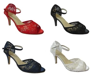 Women Ladies Mid Heel Lace Ankle Strap Bridal Wedding Prom Sandals 50 - Picture 1 of 37