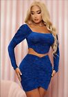Velvet top and tight skirt set with gigot sleeves. Electric blue.Not transparent