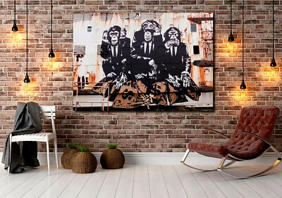 WISE MONKEYS PRINT ON STRETCHED CANVAS GRAFFITI ART PRINTS PAINTING BANKSY CHIMP - image 1 of 4