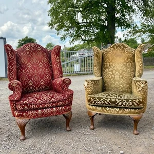 Pair Antique Wingback Armchairs Large Reupholstery Project Lounge Chairs - Picture 1 of 24
