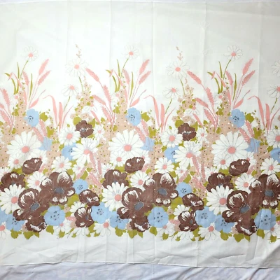 Vintage MCM Large Spring Floral Border Semi Sheer Fabric Pink Brown Blue 44x178 - Image 1 of 4