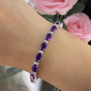 9Ct Oval Cut Amethyst &Diamond Tennis Lab Created Bracelet 14K White Gold Plated - Picture 1 of 7