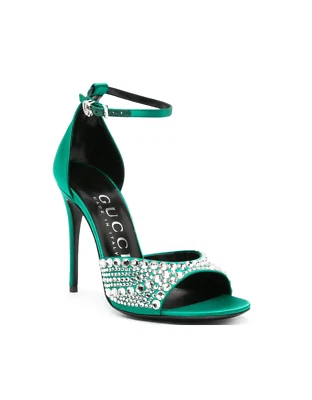 Gucci Rosso Seta Emerald Crystal-Embellished Sandals Size 38 - Image 1 of 4