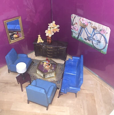 Renwal Ideal客厅老式娃娃屋微型家具蓝色/棕色/金色 — 第 1/4 张图片