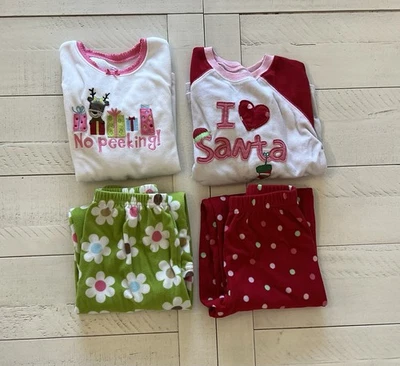 2pk Carter's Girls Christmas Red/Pink Santa & Pink Reindeer Fleece Pajamas 5T - Image 1 of 4