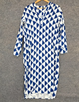 Felix 100% Linen Dress Womens Medium ZigZag Geometric Blue White 70s Inspired - Image 1 of 4