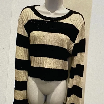 LUMIERE BLACK/ WHITE CROPPED SWEATER STRIPED LARGE EX COND W/SMALL DOTS ALL OVER - Image 1 of 4