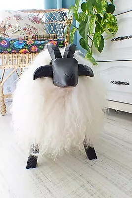 Natural Sheepskin Seat Cover Kids Room Footstool Winter Room Aesthetic Fur Pouf  - Image 1 of 4