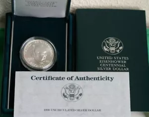 1990 W Uncirculated Silver Dollar Eisenhower BU Ike Coin with Box and COA - Picture 1 of 3