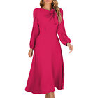 Women Crewneck Dress Chic High Waist Dress Slim Fit Solid Color Flowy Long Dress