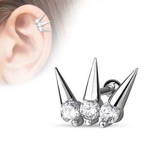 3 CZ Set Spikes Surgical Steel Helix Tragus Cartilage Barbell Stud Earring - Picture 1 of 1