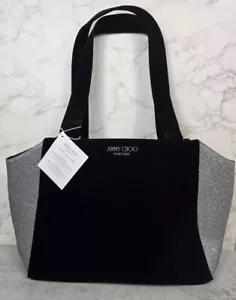 Jimmy Choo Beuteltasche Tasche schwarz Samt silber Glitzer Carry Overnight Samt 15x5x12" - Bild 1 von 11