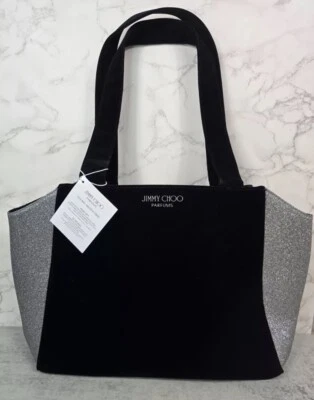 Jimmy Choo Tote Bag Black Velvet Silver Glitter Carry Overnight Velvet  15x5x12” - Image 1 of 4