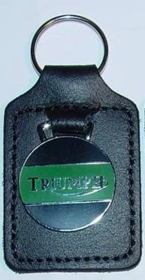 Triumph Motorcycle, Leather Stitched Key Tag, Key Fob, GREEN on BLACK, UK Made - Image 1 of 4