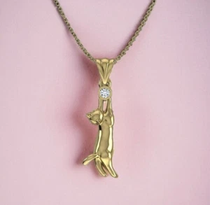 14K Solid Yellow Gold Cat Pendant with Diamond / Climbing Cat Pendant w/ Diamond - Picture 1 of 2