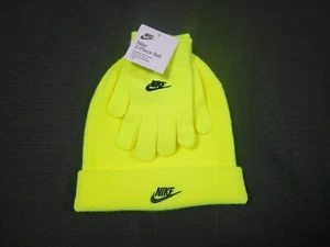 NIKE Boys Youth 8/20   2 Piece Fold over comfy warm Beanie Hat Gloves Set Volt - Picture 1 of 9