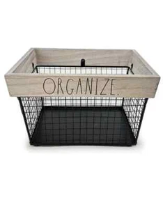 Cesta con cable Rae Dunn ""ORGANIZA"" con marco de madera clara - Imagen 1 de 3