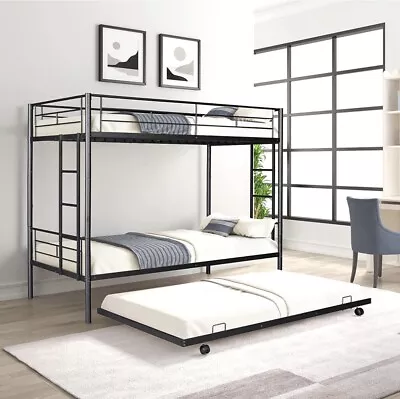 Twin over Twin Metal Bunk Bed Frame with Twin Trundle & Ladder For Kids Bedroom Foto 1 de 4