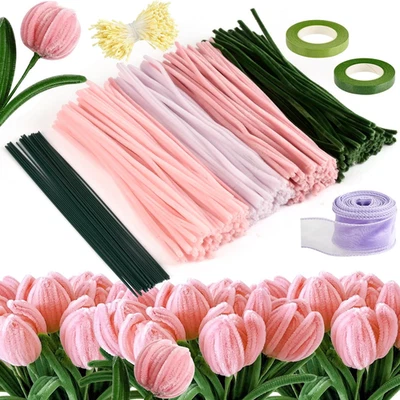 BUYGOO Pink Pipe Cleaners for Crafts Flowers 300PCS, Pipe Cleaners for Tulip 4 Colors