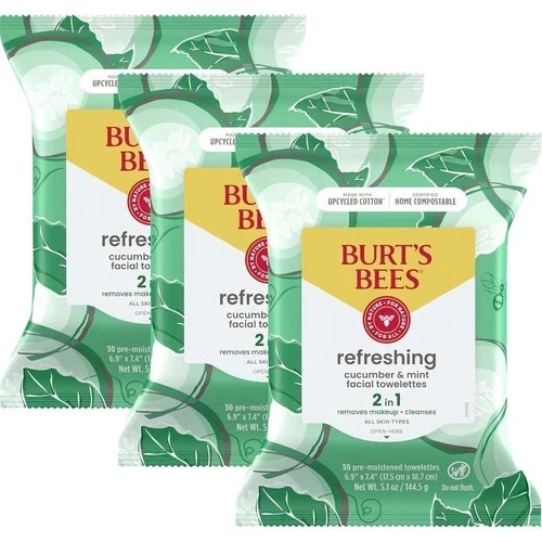 Toalhas de limpeza facial Burt's Bees pepino e perfeito estado 3 pacotes de 30 cada novo - Imagem 1 de 1