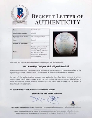 1957 年球队签名亲笔签名兄弟道奇棒球 ROY CAMPANELLA REESE HODGES + BAS/DNA — 第 1/4 张图片