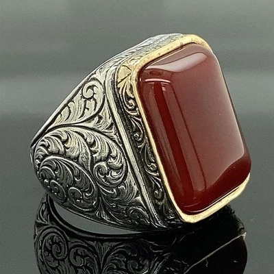 Anillo de ágata roja hecho a mano para hombre grabado anillo de piedras preciosas oscuras Aqeeq Foto 1 de 4
