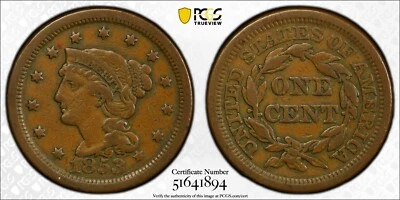 PCGS VF30 1853 Braided Hair Large Cent Very Fine - Image 1 of 3