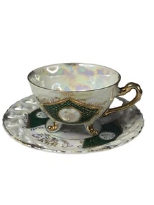 Taza de té y platillo vintage Del Coronado oro verde geométrico de tres patas - Imagen 1 de 12