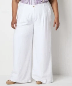 Lia Claiborne Sz 24W White Lined Wide Leg Elastic Waist Hi-Rise Linen Blnd Pants - Picture 1 of 4