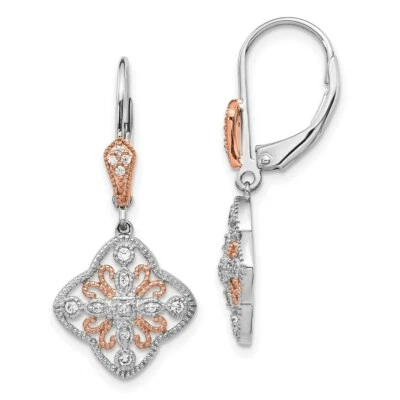 14K White Gold w/Rose Rhodium Diamond Leverback Earrings - Image 1 of 2