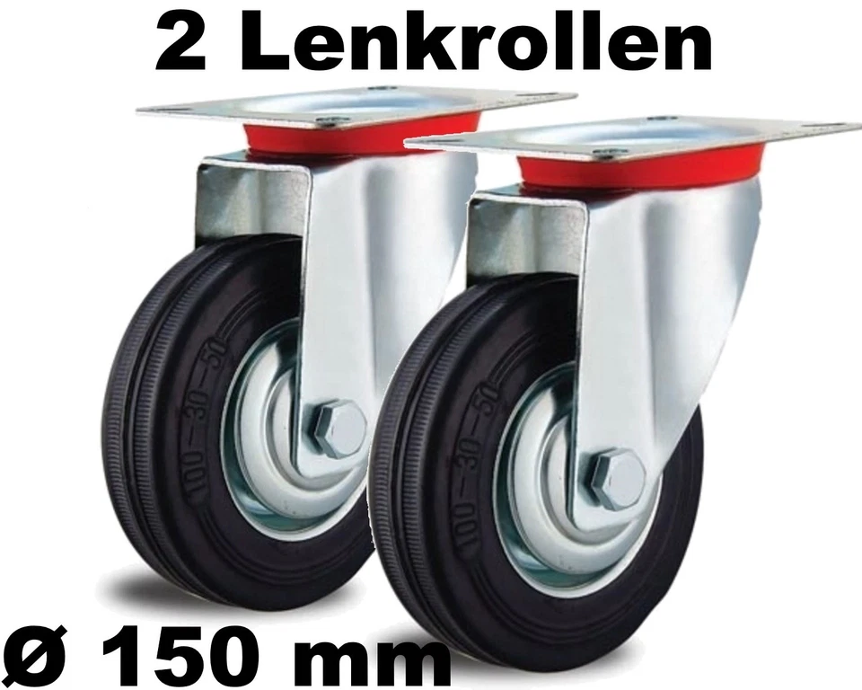 2 Lenkrollen 150mm Stahlfelge Vollgummi für Innen und Außen bis 135 kg drehbar  - Bild 1 von 4
