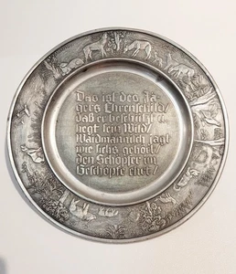 VTG GES GESCH PEWTER PLATE-HUNTING THEME WITH GERMAN INSCRIPTION - Picture 1 of 3