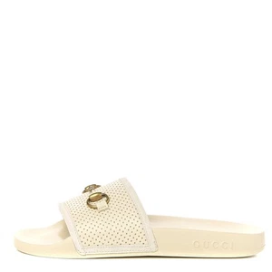 GUCCI Ivory Perforated Leather Rubber Gold Horsebit Open Toe Flat Slides 39/9 - Picture 1 of 7