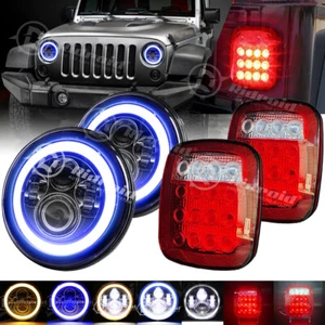 For Jeep Wrangler TJ 96-06 Combo Blue Halo 7" LED Headlights + Tail Brake Lights - Picture 1 of 21